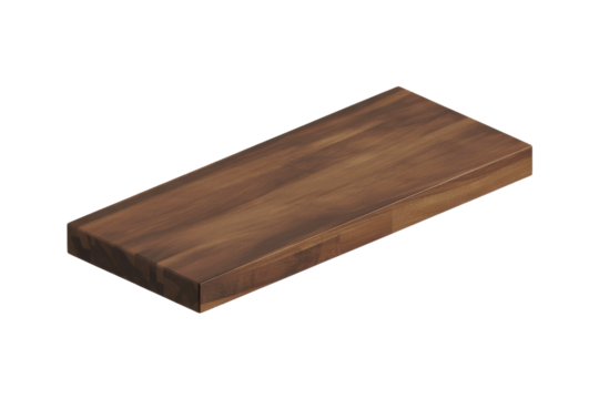 A rectangular, thick wooden plank with a beautiful dark brown grain, ideal for various design and display purposes. background removed