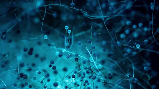 Microscopic Fungal Network Growth Timelapse Scientific Biology Visualization Blue