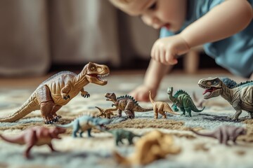 Obraz premium Child plays with dinosaur toys on the living room floor in a cozy afternoon setting