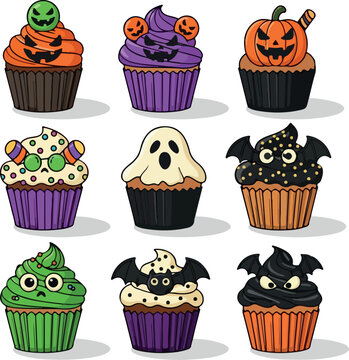 Halloween cupcakes with spooky faces, vector flat illustration