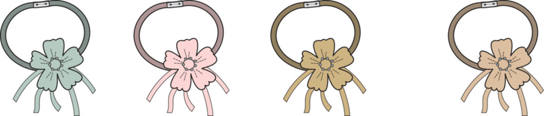 A charming collection of four illustrated hair ties with ribbon bows, representing a cute and playful fashion accessory concept for hair styling