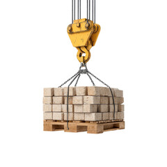 A crane lifts a pallet of stacked bricks at a construction site, showcasing the heavy material handling process