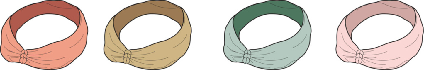 Versatile Collection of Four Stylish Textile Headbands in Soft Pastel Colors, Perfect for Fashion Accessories and Beauty-Related Graphic Design Projects, Featuring Knotted Detail and Modern Aesthetic