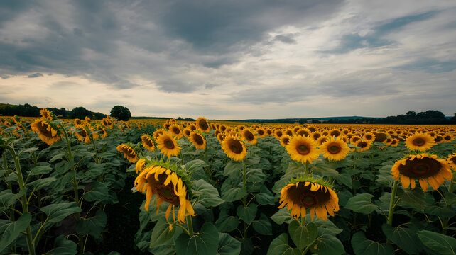 Vast sunflower field under a dramatic cloudy sky