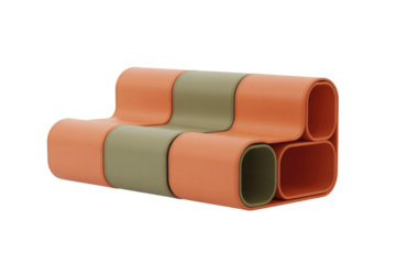 A stylish, modular modern sofa featuring curvilinear orange and olive green sections, showcasing contemporary design and comfortable seating. background removed