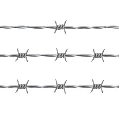 Three rows of silver barbed wire realistic security fence isolated on transparent background