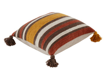 This cozy knitted throw pillow features vibrant horizontal stripes in mustard, brown, white, and terracotta, adorned with decorative corner tassels. background removed