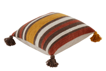 This cozy knitted throw pillow features vibrant horizontal stripes in mustard, brown, white, and terracotta, adorned with decorative corner tassels. background removed