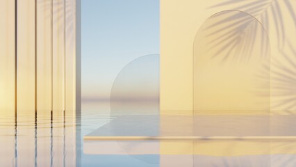 3d rendering of abstract minimal Geometry background, Empty space with palm leaf shadow on white wall and water, Product presentation backdrop