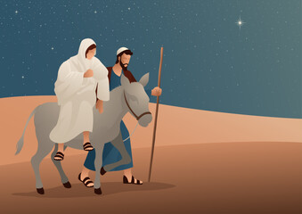 Journey to Bethlehem, Mary and Joseph Traveling with Donkey under Starry Night, Nativity Scene Vector Illustration