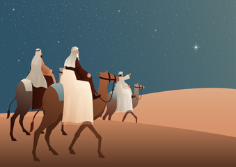 Three Wise Men Following the Star of Bethlehem, Christmas Nativity Journey Vector Illustration