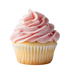 A sweet cupcake with soft pink frosting sits invitingly on a clean surface, perfect for dessert lovers