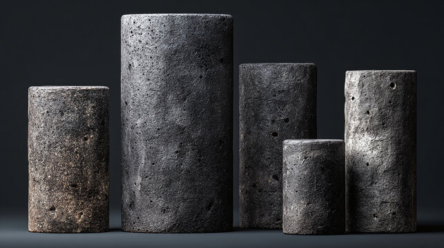 A collection of cylindrical concrete samples, showcasing texture and form against a dark backdrop