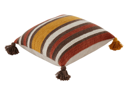 This cozy knitted throw pillow features vibrant horizontal stripes in mustard, brown, white, and terracotta, adorned with decorative corner tassels. background removed