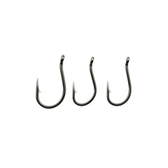 Three sharp silver fishing hooks lined up in detail against a dark background isolated on transparent background