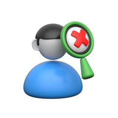 3D icon showing user search failure with magnifying glass error.