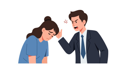 Illustration of a furious boss yelling at a depressed colleague, depicting workplace harassment and bullying