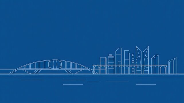 Stunning blueprint style skyline with modern architecture and iconic bridge, perfect for engineering presentations, architectural design firms, or urban planning projects