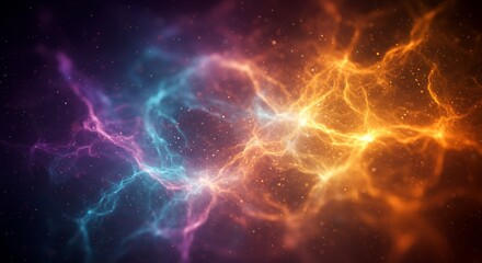 Surreal An abstract space scene with vibrant purple blue and orange energy streams and sparkling particles