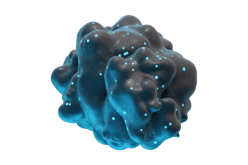 A dark, amorphous 3D object covered in glowing blue dots, resembling a futuristic virus or alien cell structure, against a solid transparent background. background removed