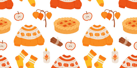Cozy autumn hygge seamless pattern, warm fall vector illustration with pumpkin pie, sweater, tea pot, candle, cinnamon, apples, yarn, honey and pumpkin, cute cozy home decor fall season design