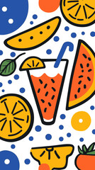 Playful Summer Fruit Juice Pattern Bold Flat Illustration with Watermelon, Citrus & Pineapple