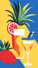Tropical Cocktail Illustration with Pineapple, Grapefruit & Strawberry  Bold Flat Vector Poster