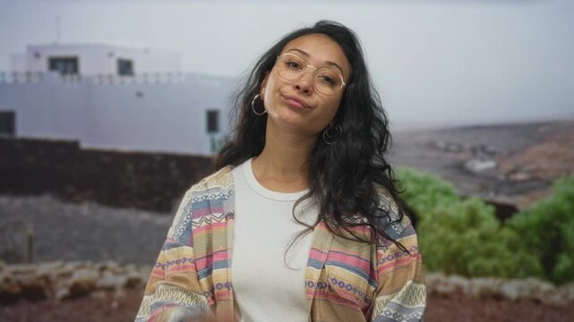 Young hispanic woman wearing round glasses and hoop earrings, hand to temple with a slight smirk in front of a white building by rocky shore; playful curiosity.