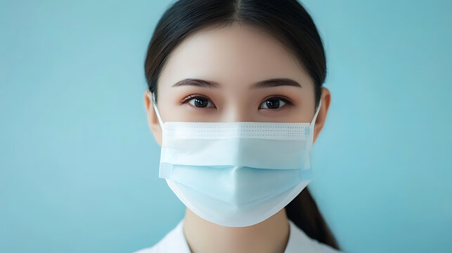 Close-up of an Asian woman wearing a light blue surgical face mask. Her dark hair is pulled back, and she looks directly at the camera with gentle eyes set against a soft blue backdrop.