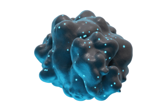 A dark, amorphous 3D object covered in glowing blue dots, resembling a futuristic virus or alien cell structure, against a solid transparent background. background removed