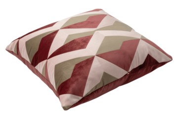 A plush square throw pillow featuring a stylish geometric pattern in maroon, light pink, and olive green velvet, perfect for home decor. background removed
