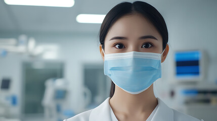 A healthcare worker wearing a protective face mask in a hospital environment. The serene expression inspires confidence. The overall image embodies safety and professionalism.