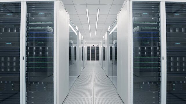 Moving Through Large Advanced Data Center with White Server Racks Behind the Glass. LLM, Artificial Intelligence Training Cluster. AI, Datacenter, Supercomputer and Advanced Cloud Computing Concept. 
