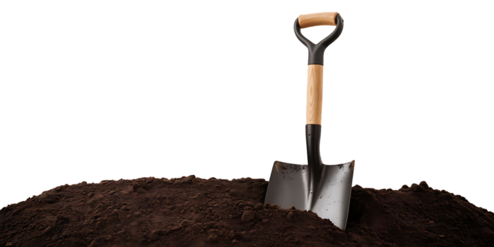 Steel shovel, with a wooden handle stuck in a pile of dark brown soil, cutout, PNG isolated on white or transparent background