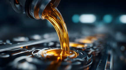 Golden motor oil pouring into modern car engine close-up under hood. Concept of automotive maintenance, precision engineering, and lubricant technology for performance service visuals.