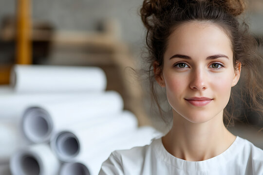 Portrait of a young woman with a gentle smile, set against rolls of architectural plans, conveying dedication and creativity in a design workspace. Focus on her poised, inviting gaze.