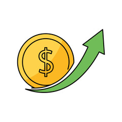Gold coin rising with green arrow symbolizing financial growth and investment success on white backdrop, indicating positive economic trend.