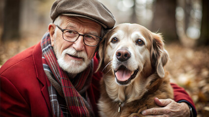 Senior man with a kind smile embracing his golden retriever dog in a beautiful autumn park