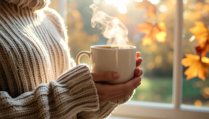 Cozy autumn vibes with steaming coffee in hand, sweater weather feels, a moment of peaceful relaxation by the window with fall leaves