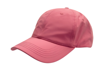 Single pink baseball cap, with a curved brim and visible stitching, cutout, PNG isolated on white or transparent background