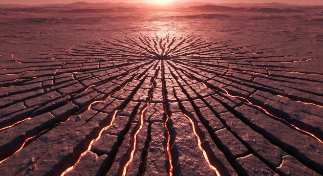 Surreal cracked earth with lava glows radiates from a central point in a barren landscape under a sunset