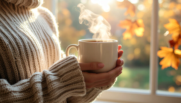 Cozy autumn vibes with steaming coffee in hand, sweater weather feels, a moment of peaceful relaxation by the window with fall leaves