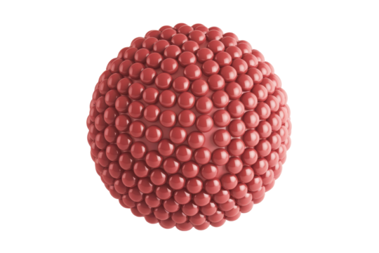 A vibrant 3D rendered sphere densely covered with glossy red-pink balls, resembling a scientific model or abstract art, on a transparent background. background removed