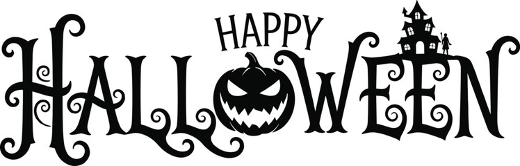 Happy Halloween greeting with spooky haunted house, jack-o'-lantern face, curly font, festive typography, flat vector illustration, CAD drawing style