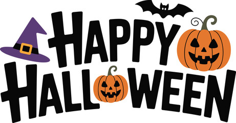 Happy Halloween text design with pumpkins, bat, and witch hat, festive spooky typography illustration, cheerful holiday greeting vector art
