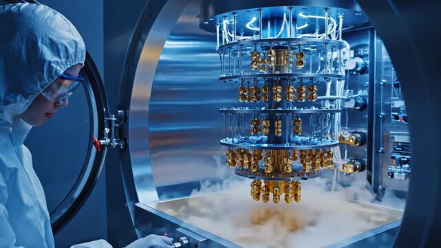 technician examines cryogenic quantum device, engineer observes superconducting qubits within sealed environment, specialist analyzes delicate quantum components in controlled sterile