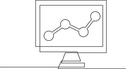 Continuous one line computer dashboard system, data analysis and growth trends vector Illustration on transparent background.