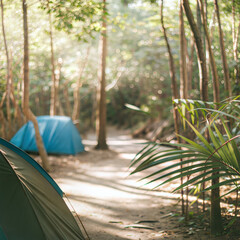 Tropical forest clearing with tents set up for camping in a lush natural environment