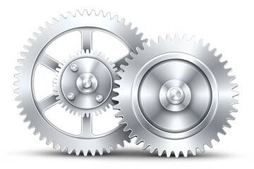 two silver gears on white background with detailed metallic texture, 3d vector illustration for technology concept, mechanical design, and industrial engineering graphics