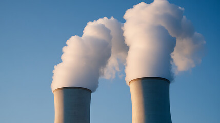 Two towering chimneys release vapor into the clear blue sky, creating a striking contrast. A visual representation of energy production and industrial activity in the modern world.